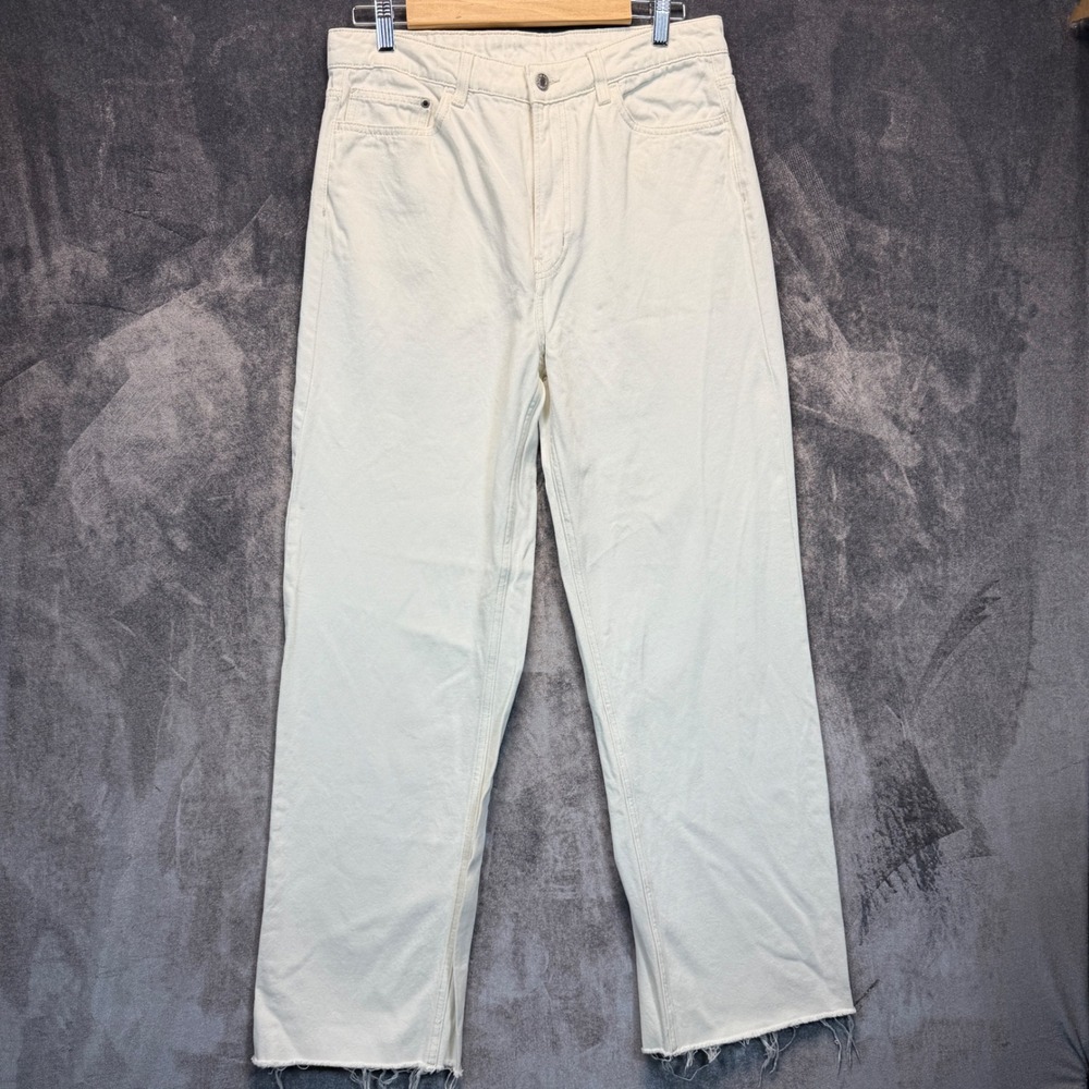 &Denim Jeans Womens 12 White Cotton Wide Ultra High Waist Raw Hem Casual